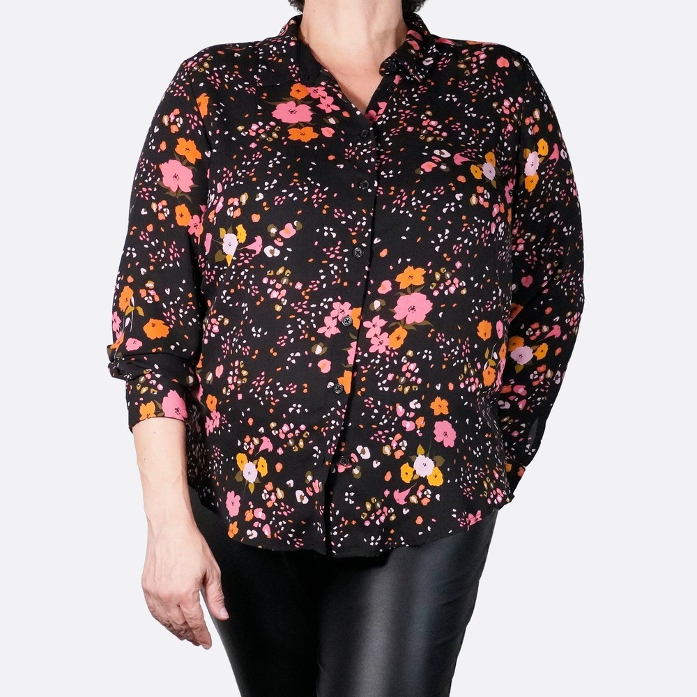 PopSugar Button Down Shirt Black Floral Large Long Sleeve Blouse 0X Large